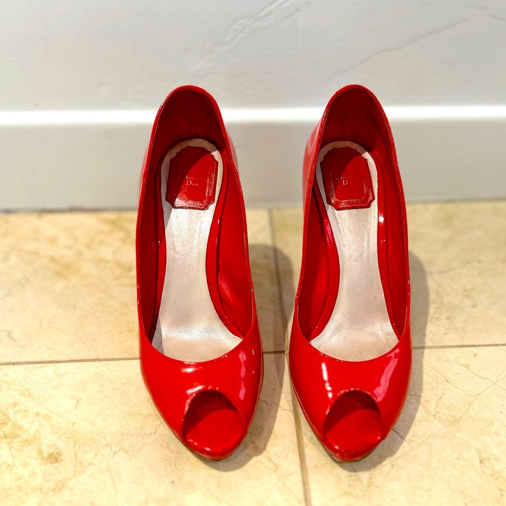Christian Dior patent leather peep toe pumps